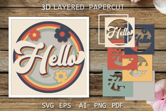 Hello Card Design, Retro Paper Cut Hello 3D SVG Summer