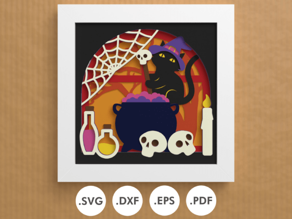 Shadowbox Witch Cat Brewing Potion 3D SVG Halloween